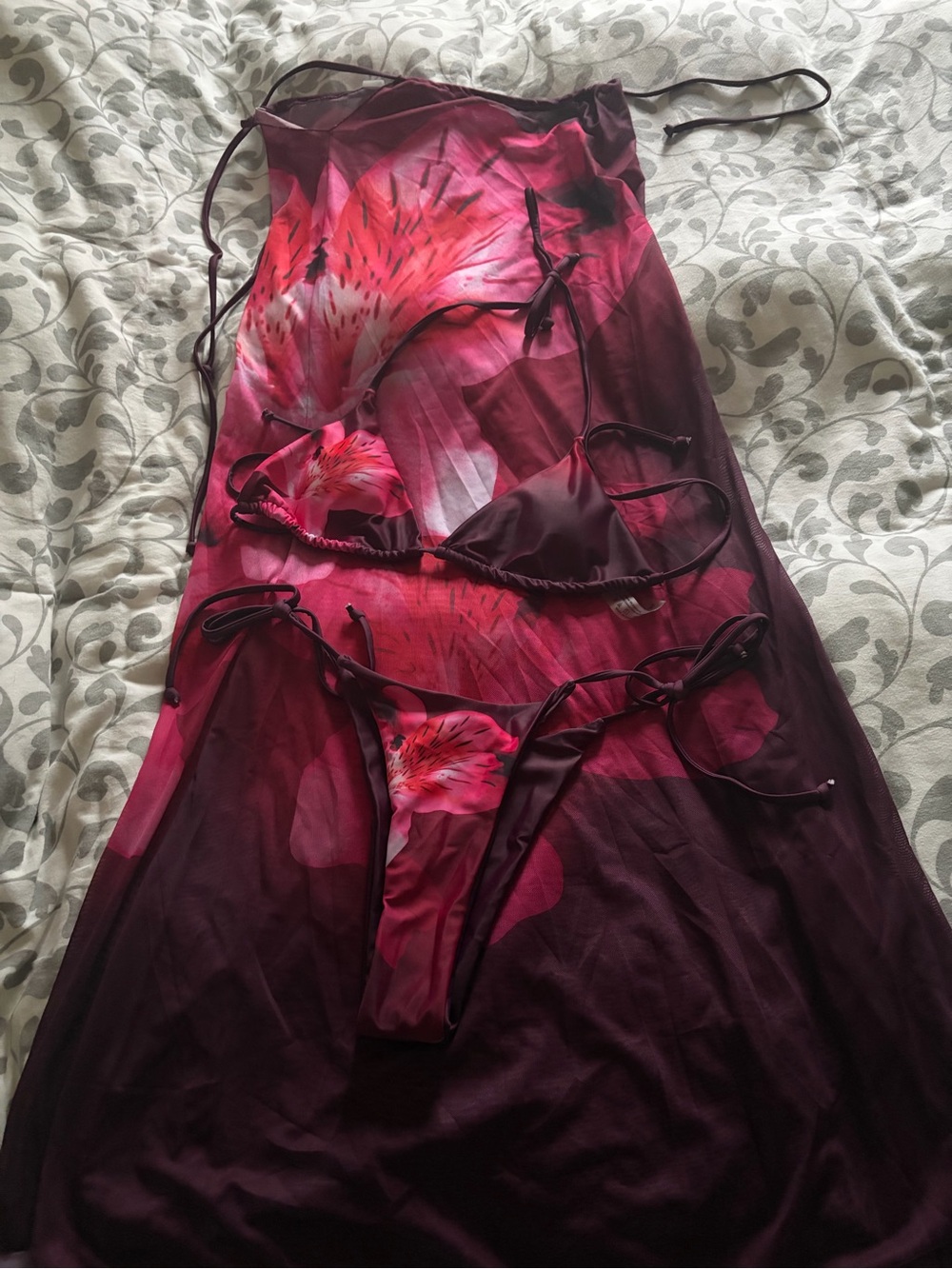 Women's Pink Floral Triangle Bikini Set with Matching Sarong **NEVER WORN - Picture 2 of 2